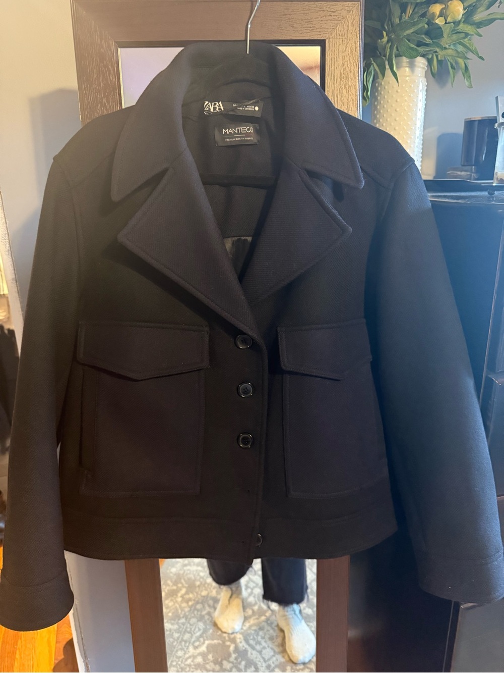 Zara Black Pea Coat with Flap Pockets